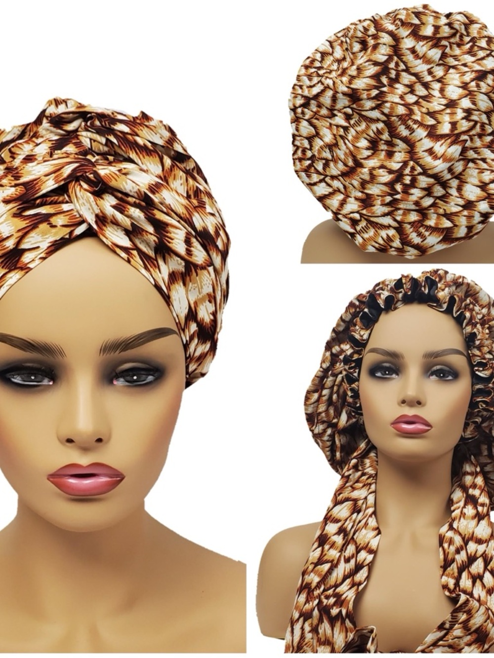 Brown & Cream Patterned Satin Twist Turban Headwrap for Women